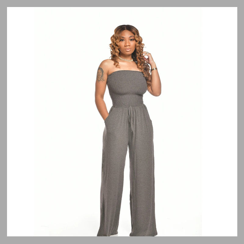 Off-Shoulder Gesmokte Jumpsuit In Effen Kleur