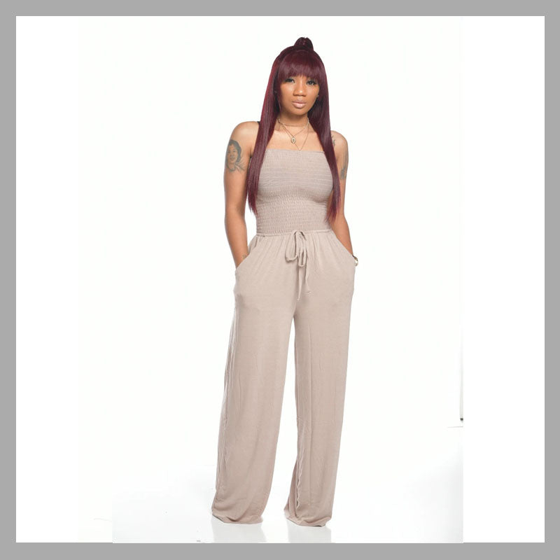 Off-Shoulder Gesmokte Jumpsuit In Effen Kleur