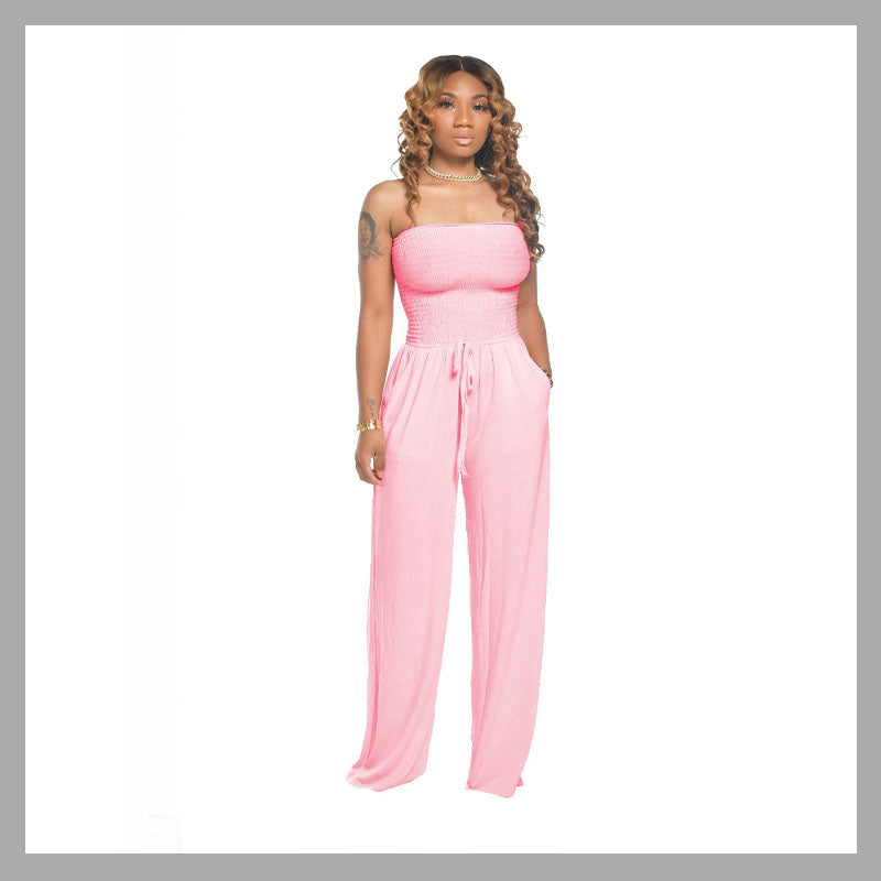 Off-Shoulder Gesmokte Jumpsuit In Effen Kleur