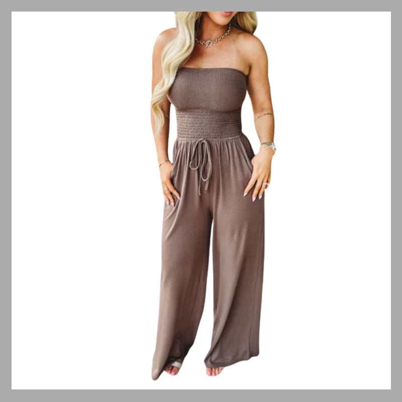 Off-Shoulder Gesmokte Jumpsuit In Effen Kleur